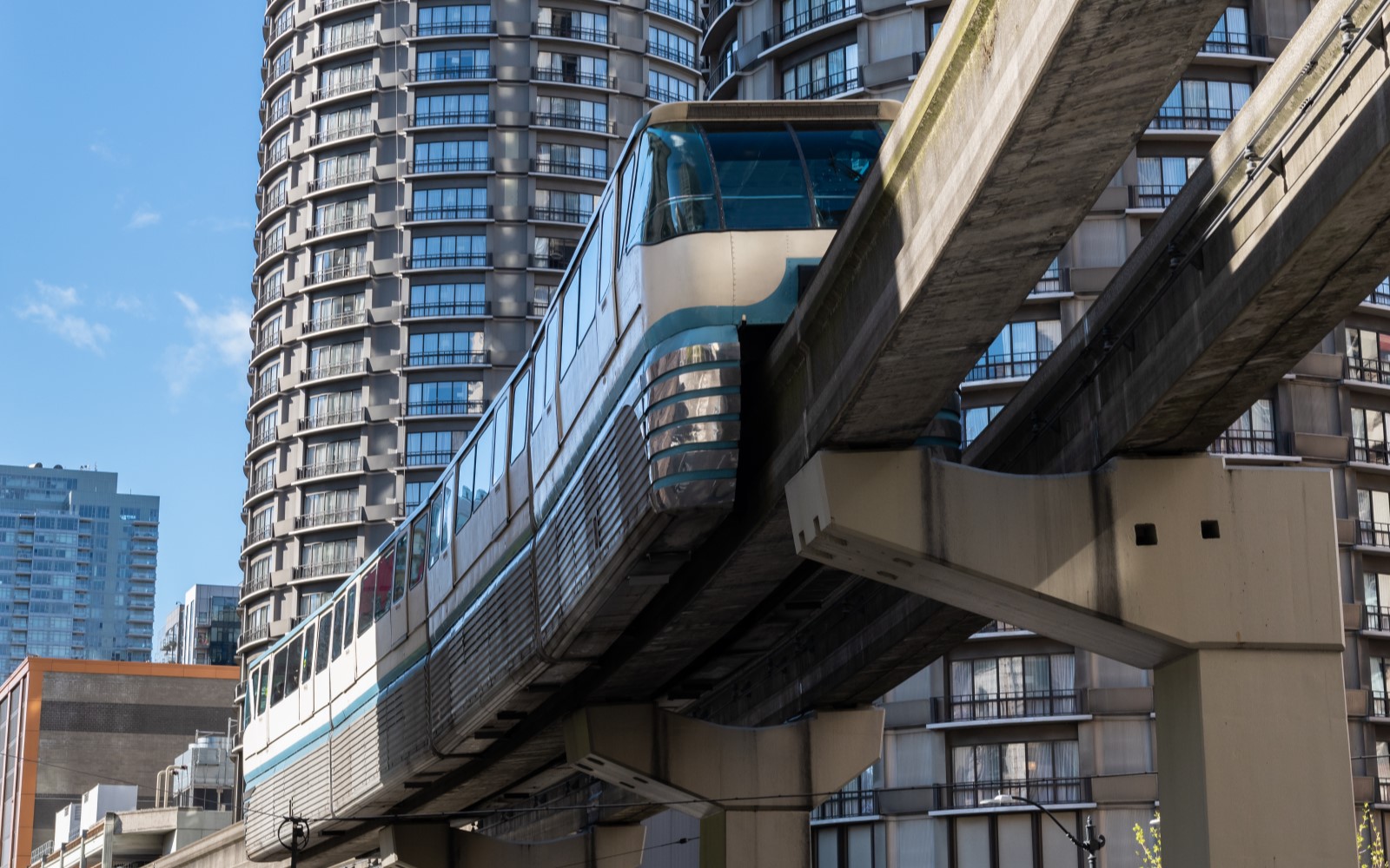 Public transportation train on elevated rail