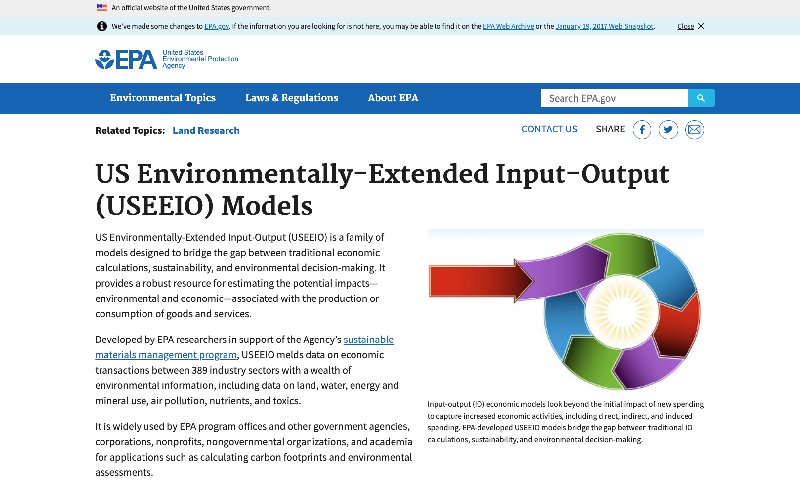 Screen capture of EPA's USEEIO models webpage