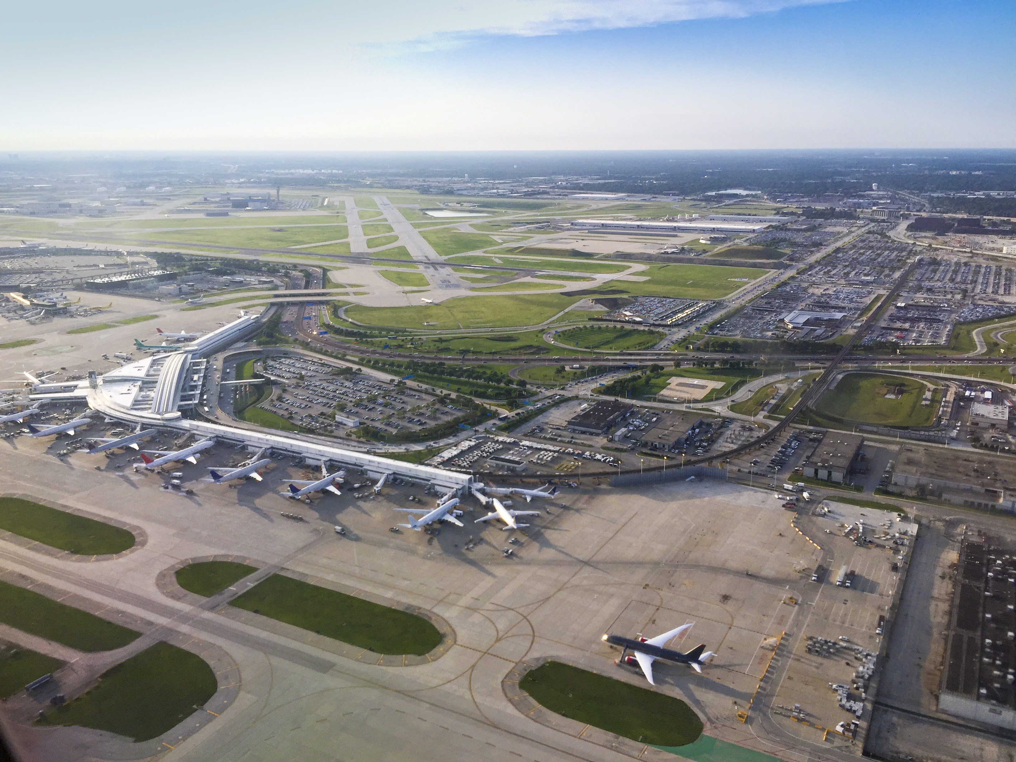 Aerial photo of an active airport terminal