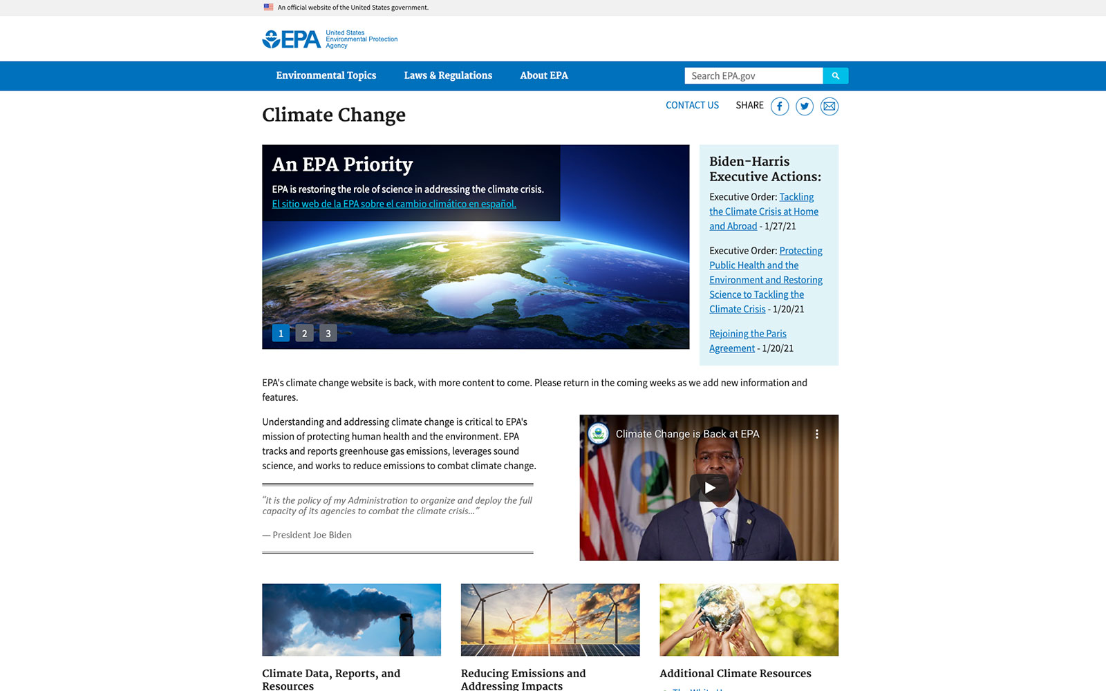 Screen shot of EPA's Climate Change website main page