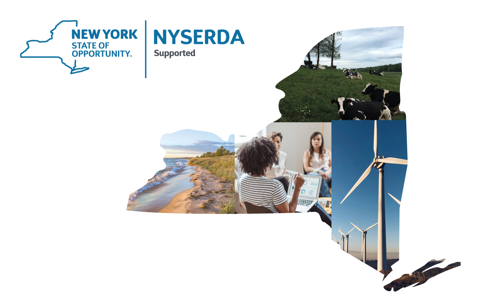 NYSERDA logo and collage of climate-related images in shape of New York State