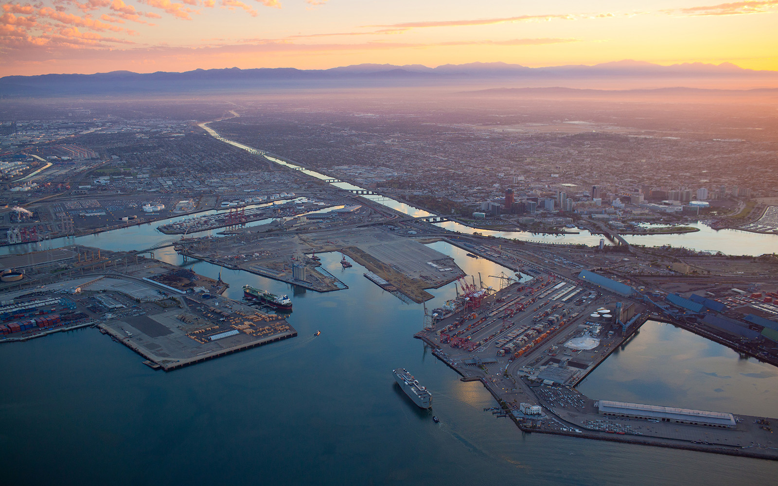 An aerial view of a coastal city