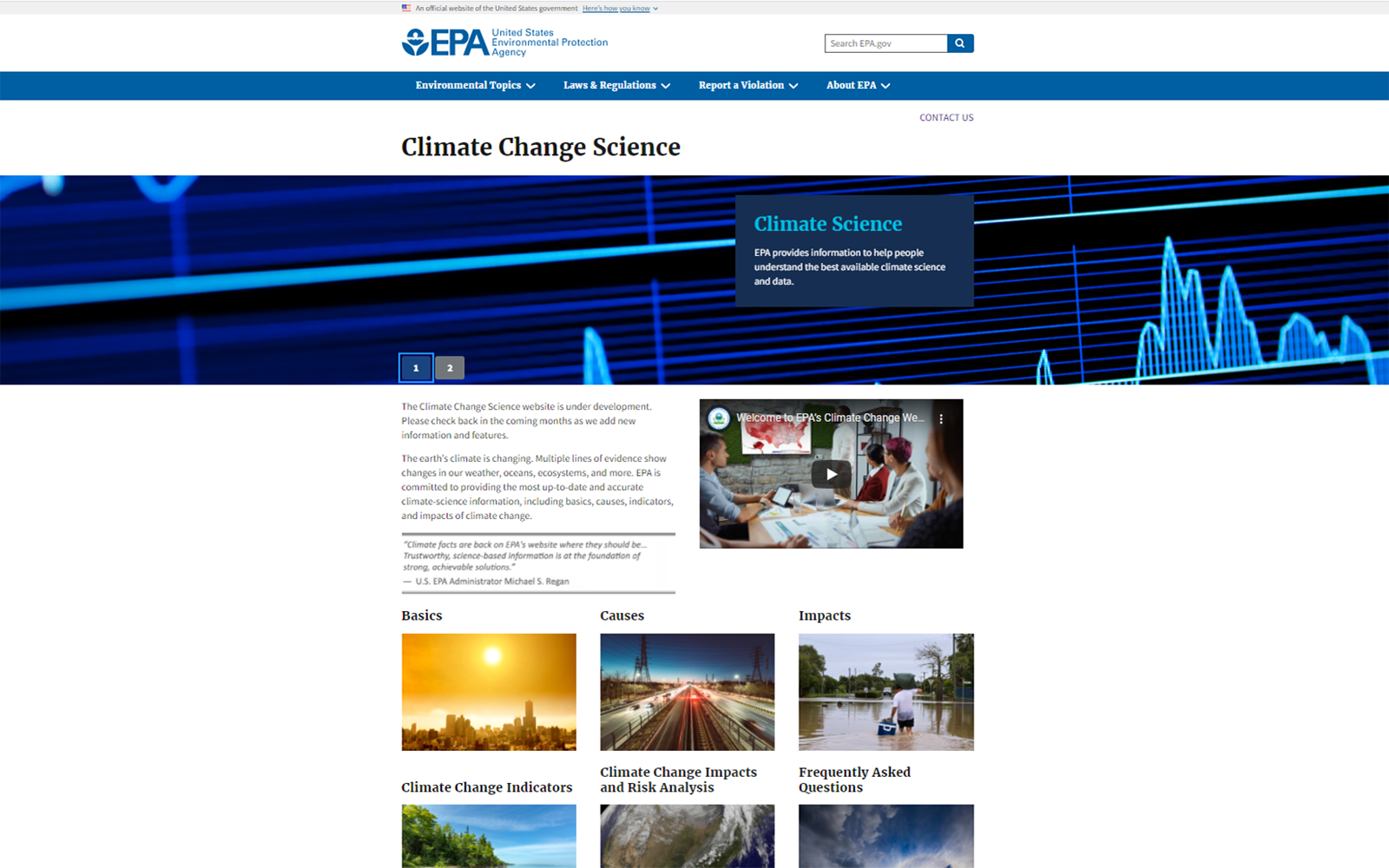 screen shot of EPA's climate change science website