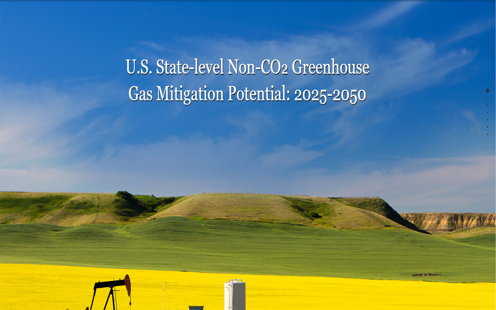 Text superimposed on a green field near a refinery: U.S. State-Level Non-CO2 Greenhouse Gas Mitigation Potential, 2025-2050
