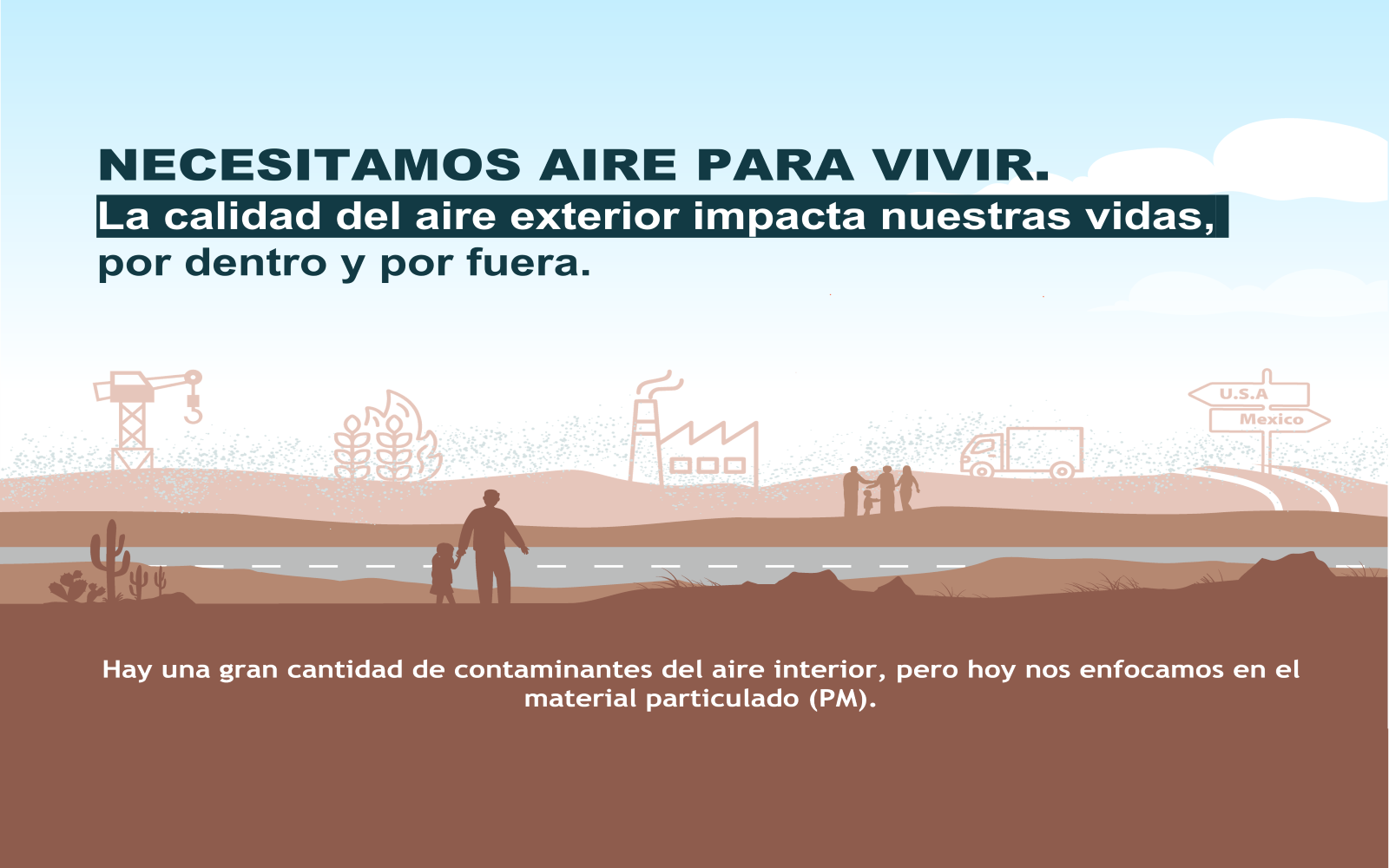 an illustration of a southwestern landscape next to air pollution sources that says "necesitamos aire para vivir."