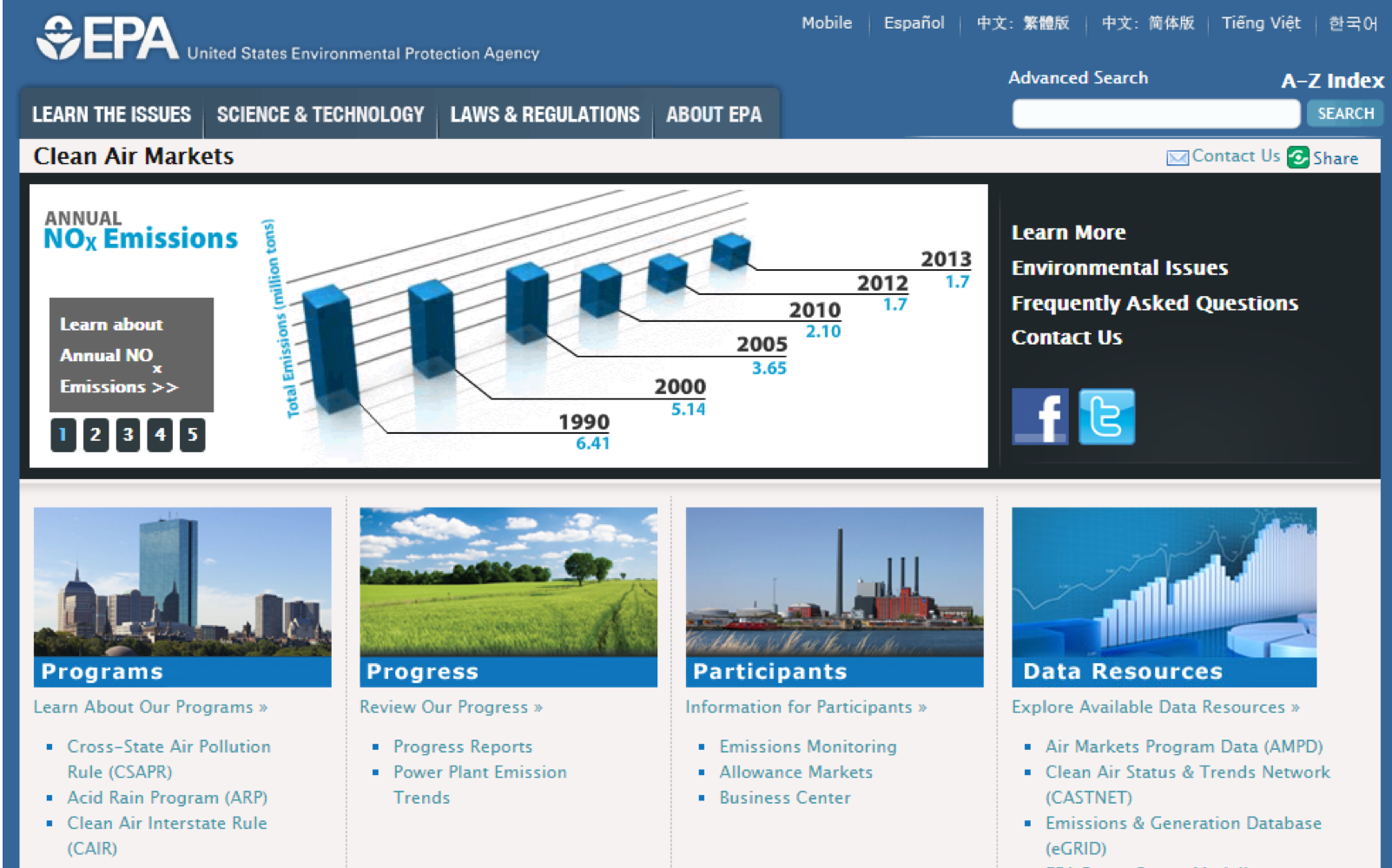 Screenshot of the main landing page of EPA's Clean Air Markets program website
