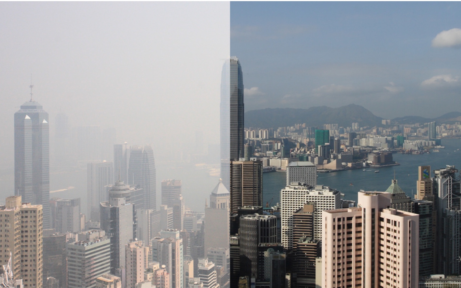 Photo showing Hong Kong skyline with and without smog