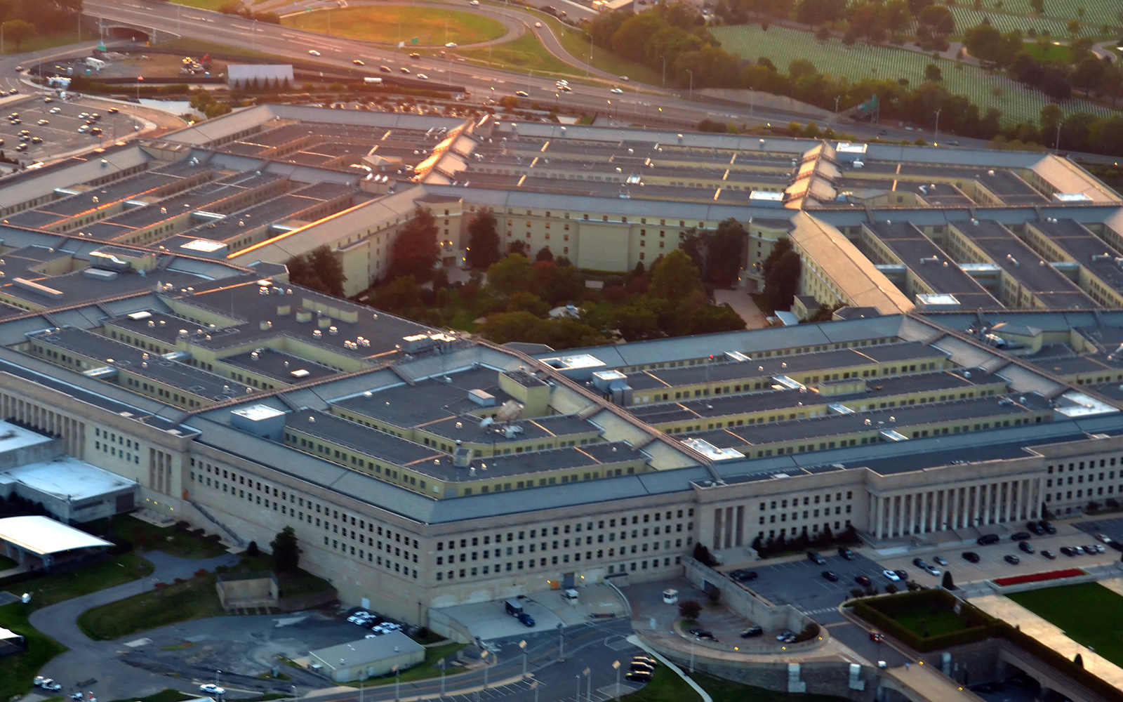 Aerial view of  Pentagon building in the light of the setting sun