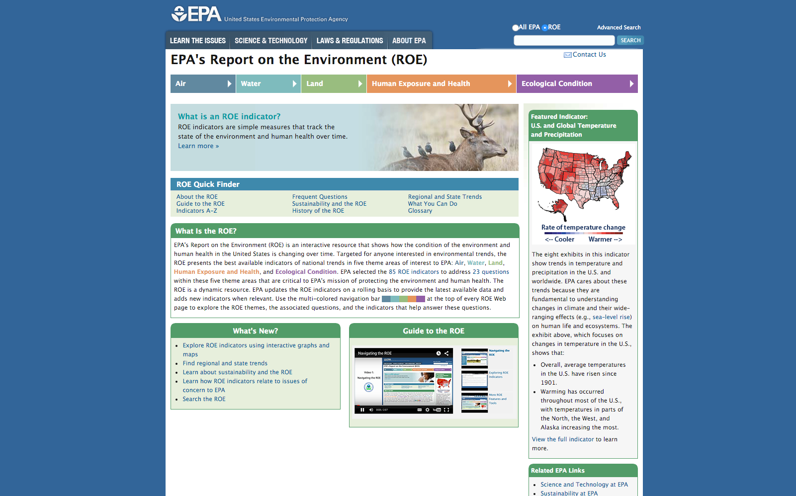 Screenshot the homepage of EPA's Report on the Environment website