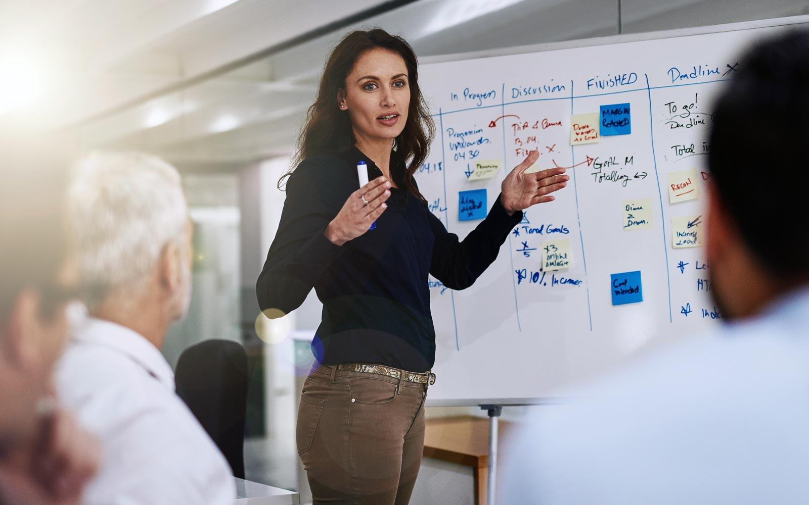 Woman facilitating a meeting, with a whiteboard in the background