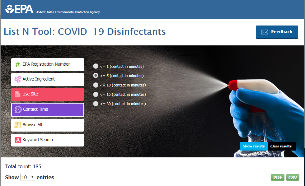 Screen capture of List N Tool COVID-19 Disinfectants web app