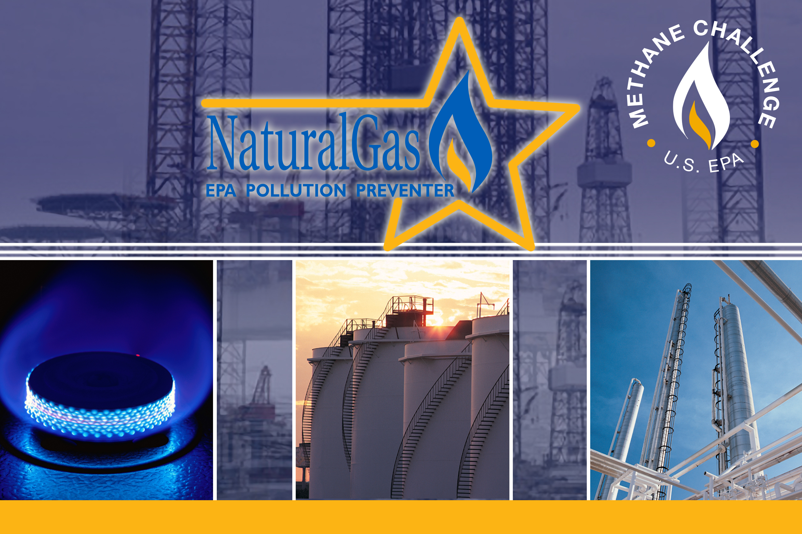 Collage of Methane Challenge program logo and other general images connoting methane gas.