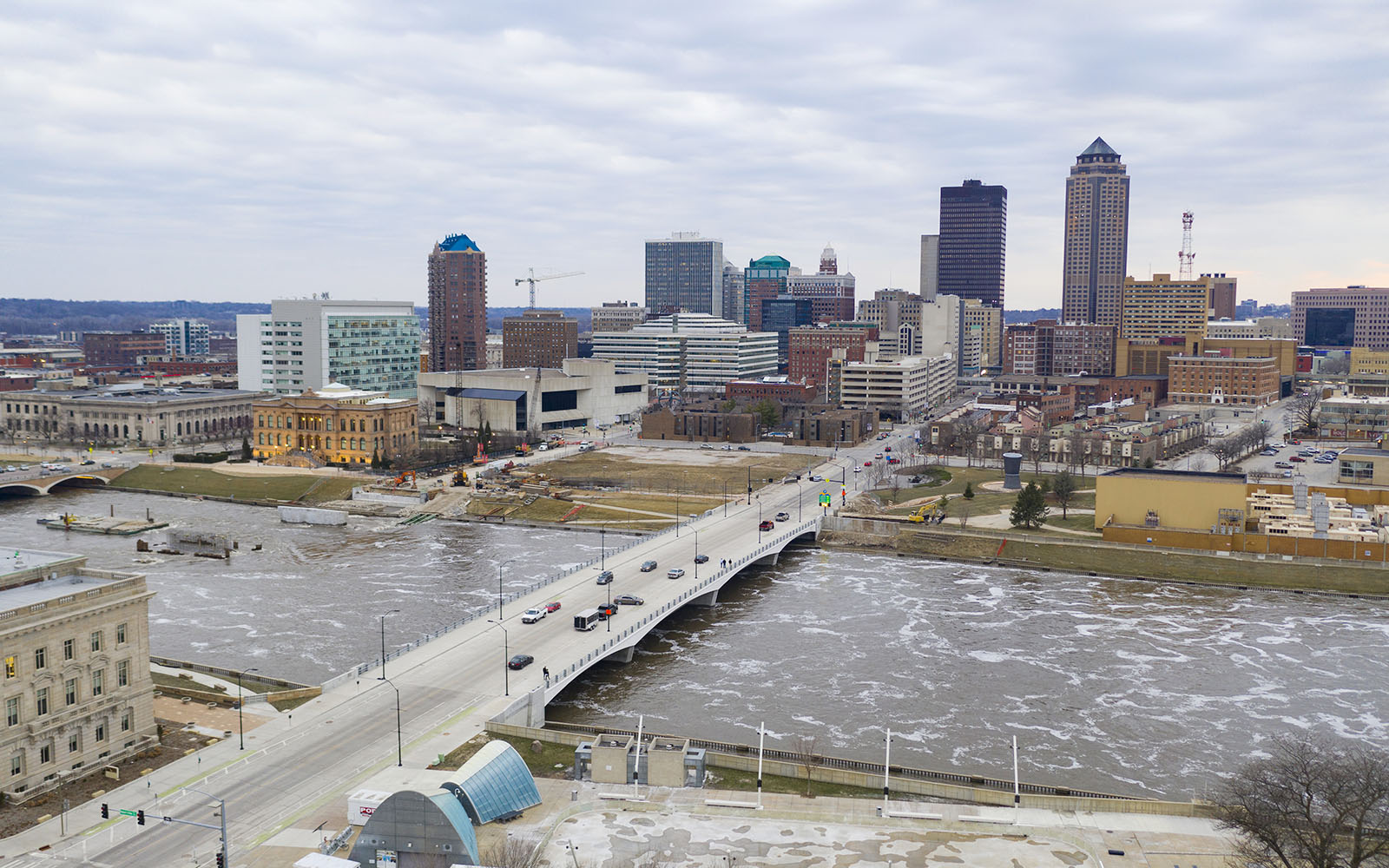 Aerial view of flood water in the Cedar River running through Cedar Rapids, Iowa