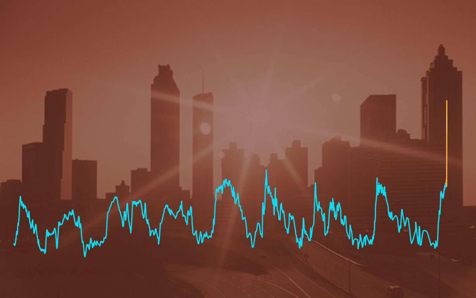 A hazy city skyline with a line chart superimposed on top.