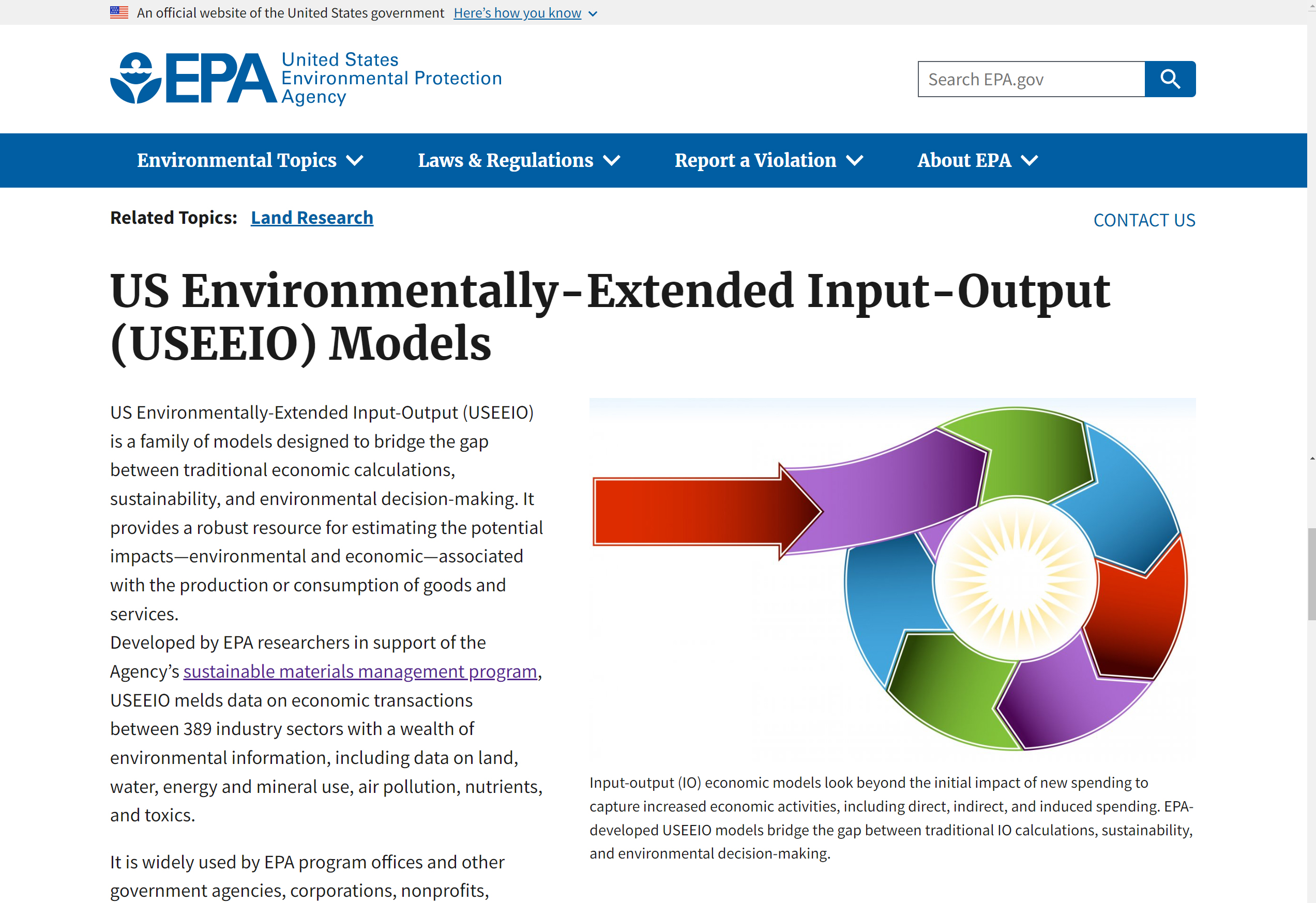 US EPA page topic of US Environmentally-Extended Input-Output (USEEIO) Models