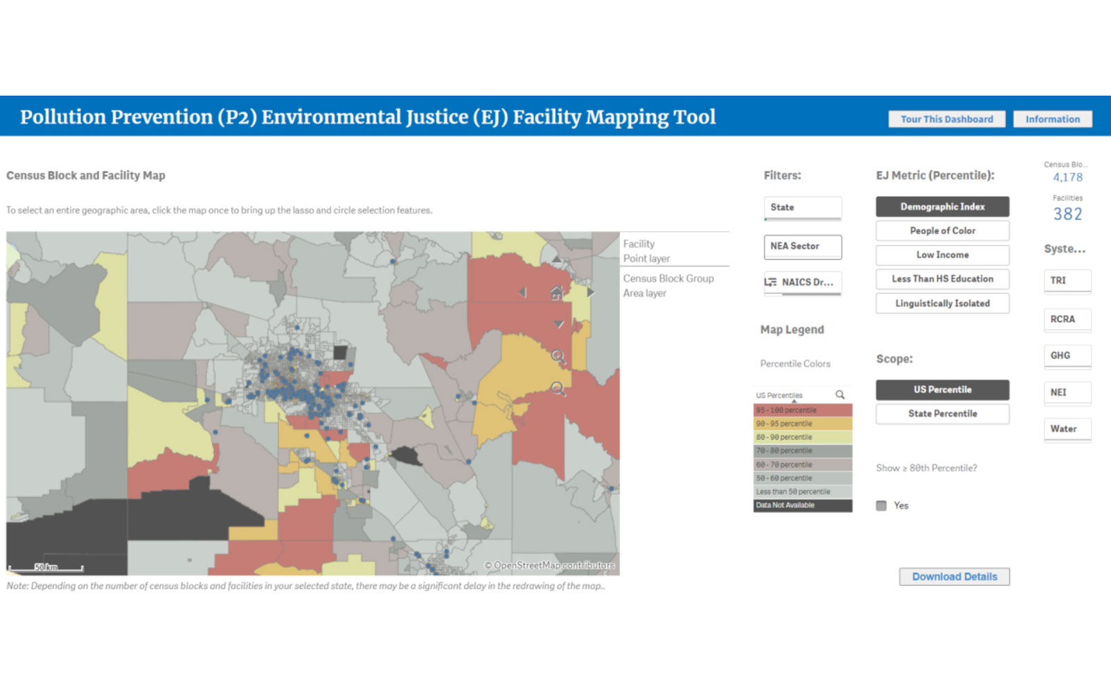 photo of webpage showing pollution prevention environmental justice facility mapping tool