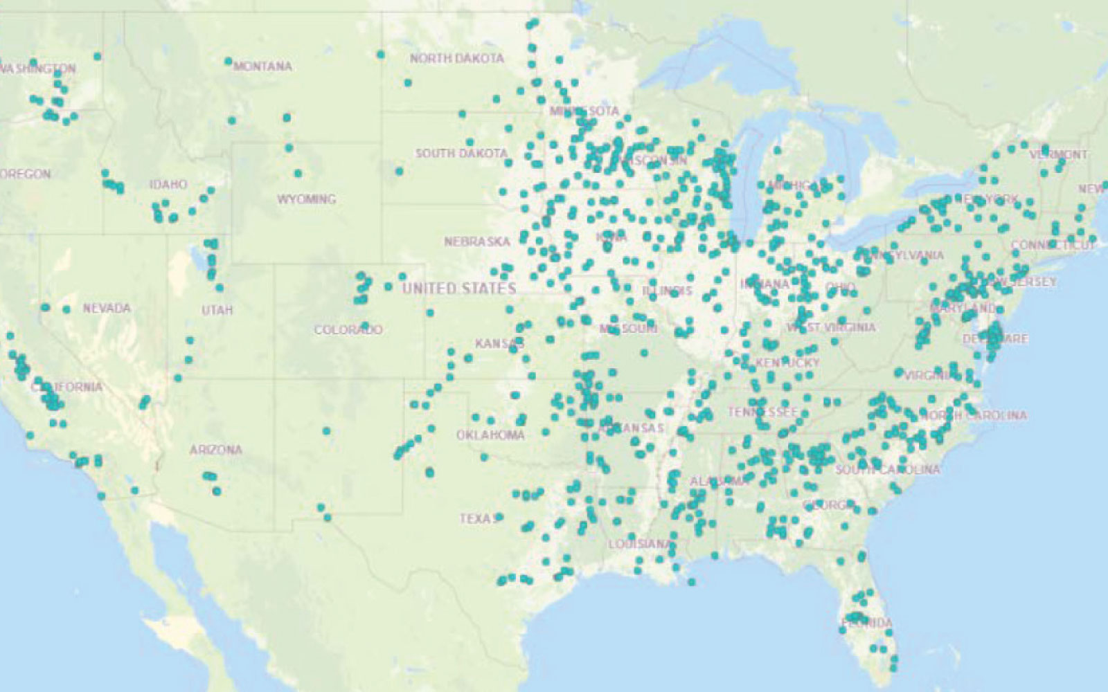 Photo of map of the United States with dots to indicate emphasis areas for state pollution grants