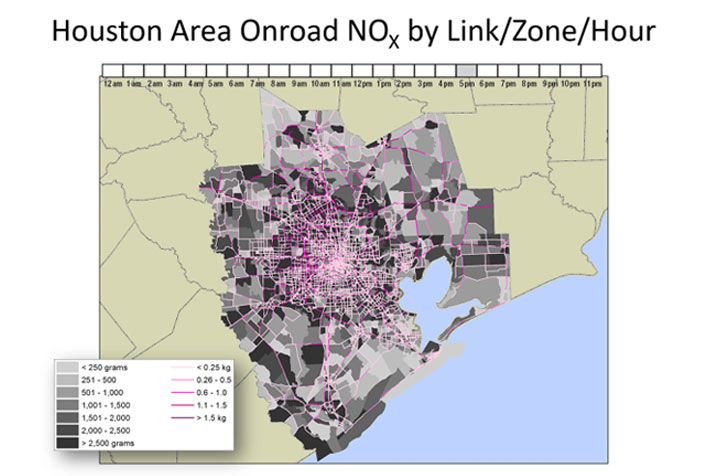 map showing grid of Houson Area Onroad NOx by Lilnk/Zone/Hour