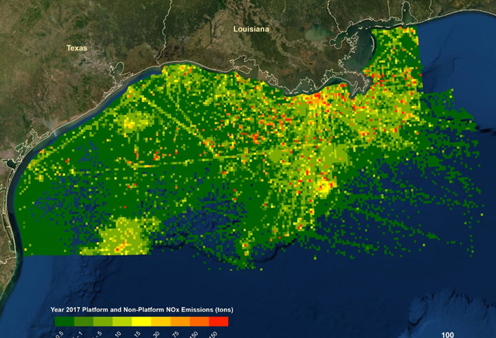 satellite photo of coastline of Louisiana and Texas pinpointing platform and non-platform NOx Emissions offshore from 2017