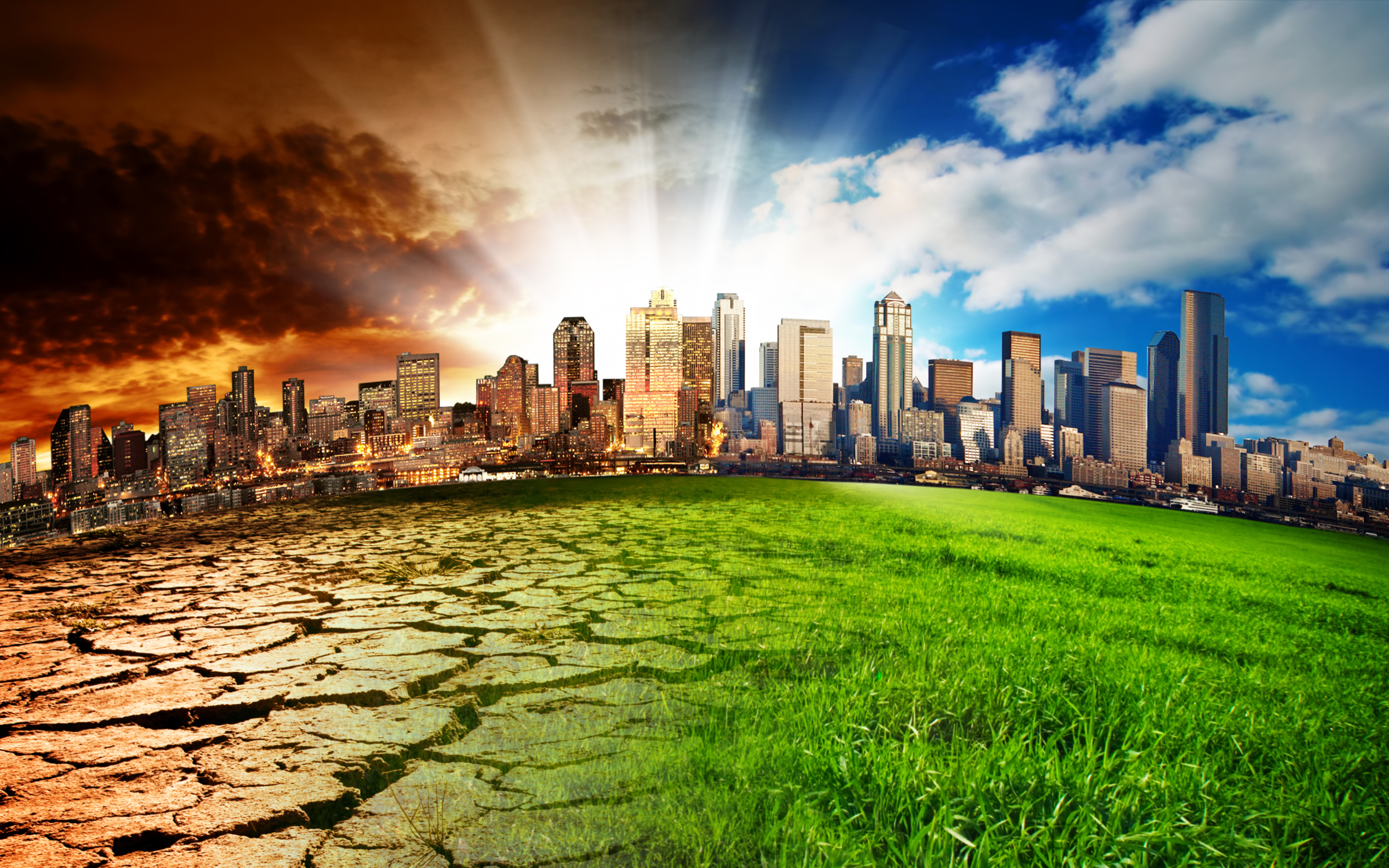 Photo of a distant city dry and dark transitioning to a green bright view