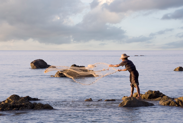 photo of a person standing on a rock in the shallow ocean throwing a fishing net.