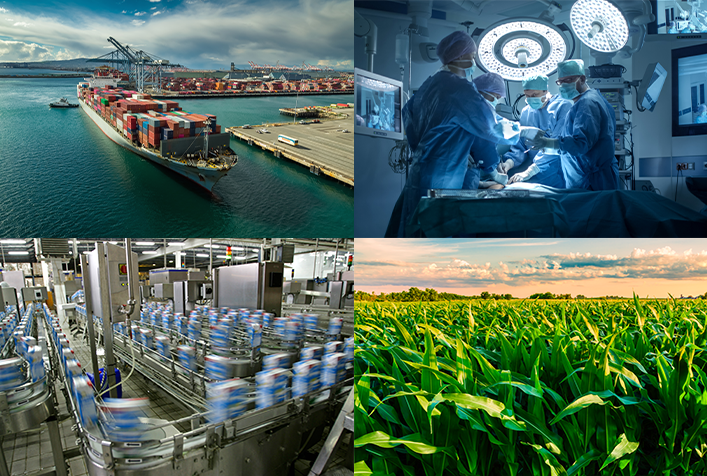 photo showing 4 picture squares, one of a large tanker loaded with container shipments, an operating room showing doctors doing a procedure in a dim room with a bright light above subject, a cornfield, and a processing plant showing items moving along a conveyor.