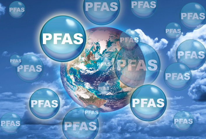 graphic showing the earth with bubbles all around the sky with the letters PFAS within each