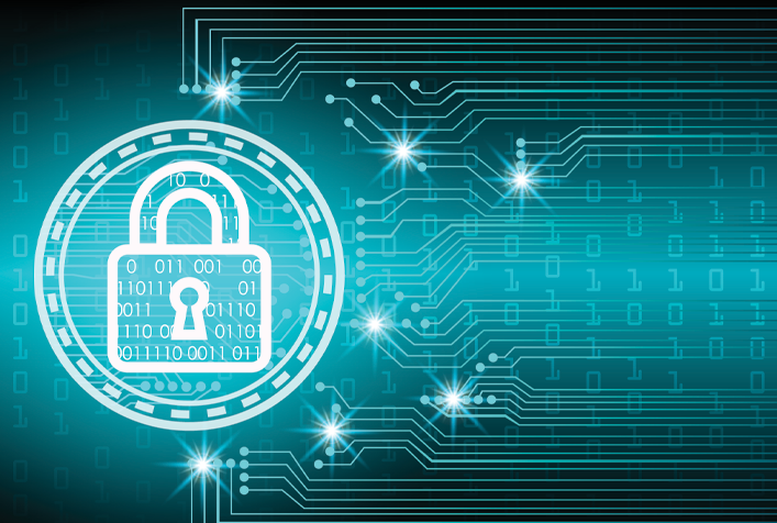 image representing a cybersecurity website showing a lock and data trails