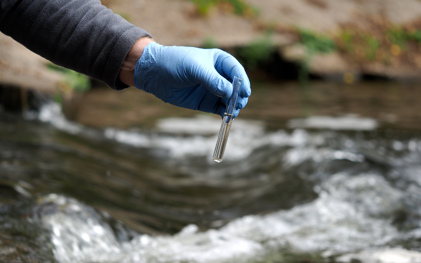 Vial of water being sampled is held in a gloved hand. 