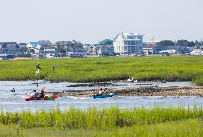coastal salt marsh with birds and boaters