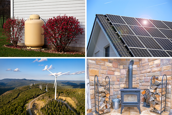 montage of 4 images. A propane tank next to home placed between 2 red bushes; Solar panels on roof of a home; Wind Turbines shown from an ariel view; and a wood burning stove with stacked logs on each side
