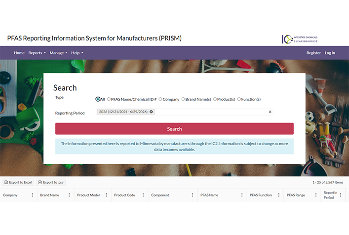 Screenshot of Minnesota PFAS Reporting Information System for Manufacturers (PRISM) search page