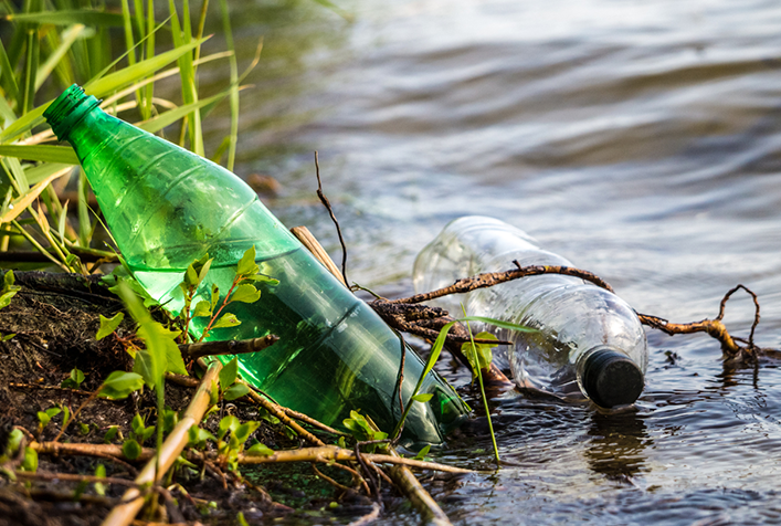 two discarded bottles lying at the edge of a river bed