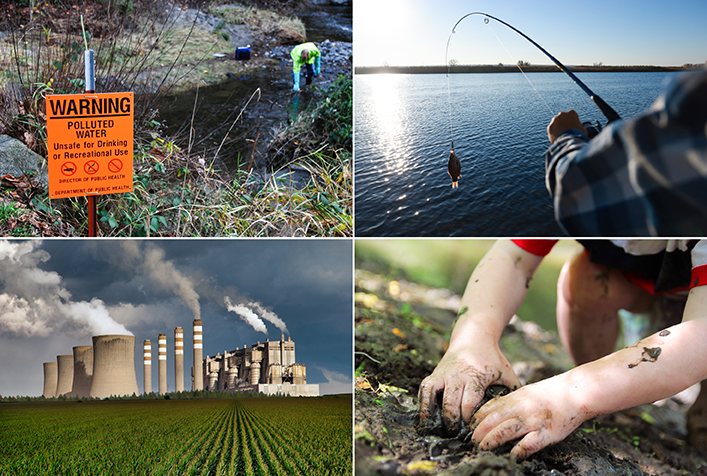 Four-photo collage showing a warning sign for polluted water, an arm holding a rod that has caught a fish in a lake, industrial chimneys spewing emissions right next to an agricultural field, and the hands of a young child digging in soil. 